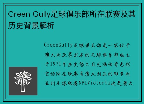 Green Gully足球俱乐部所在联赛及其历史背景解析